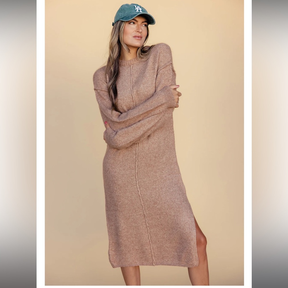 Roolee Cozy Tan Knit Sweater Dress